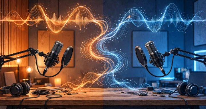 Two podcast microphones facing each other across a studio table with floating sound waves, one side warm orange and the other cool blue
