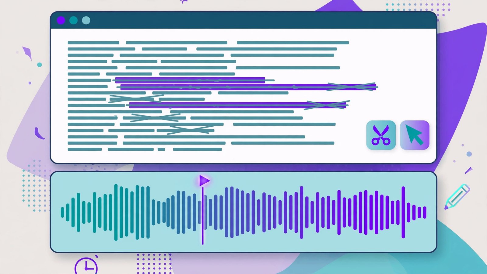 Text-based video editing concept: transcript words highlighted and edited like a document above an audio waveform timeline