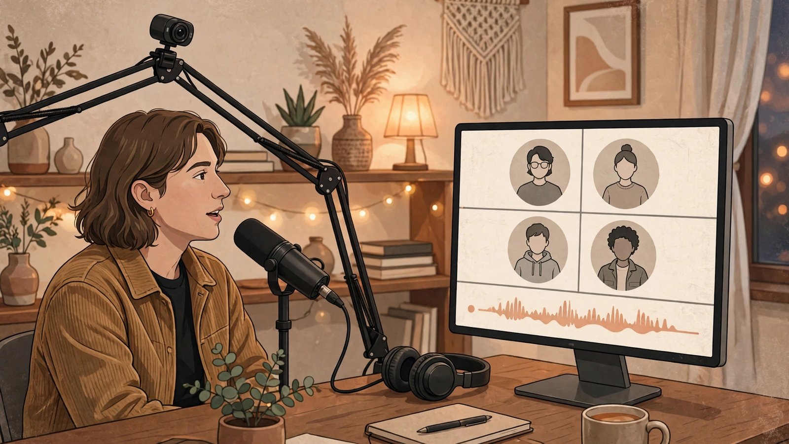 Creator recording a remote podcast interview in 4K with studio-quality microphone and live waveform monitor