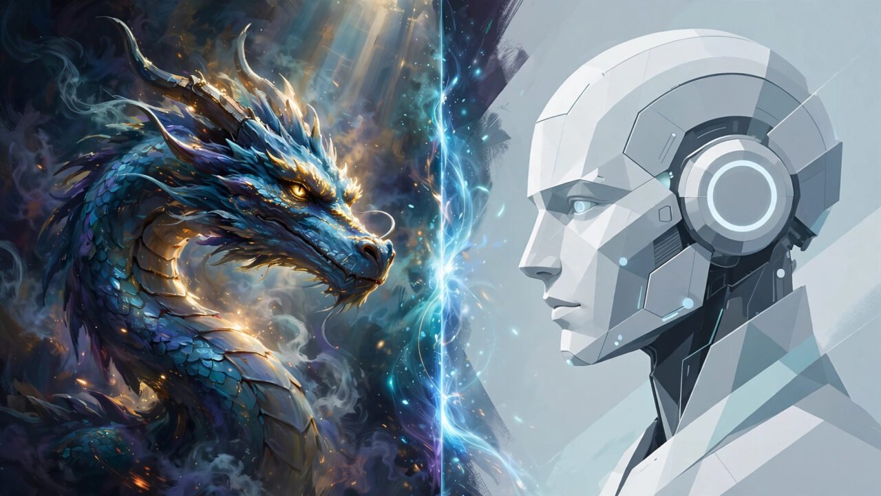 Split-scene digital artwork of two AI image generators facing off: a painterly dragon versus a minimalist android head