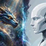 Split-scene digital artwork of two AI image generators facing off: a painterly dragon versus a minimalist android head