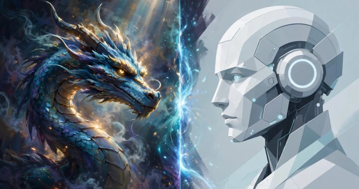 Split-scene digital artwork of two AI image generators facing off: a painterly dragon versus a minimalist android head