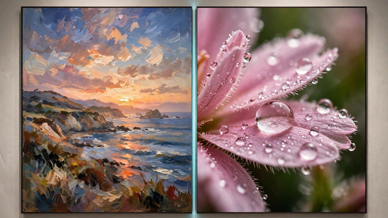 Side-by-side comparison of an impressionist oil painting of a coastal sunset and a photorealistic macro photo of a dewdrop flower