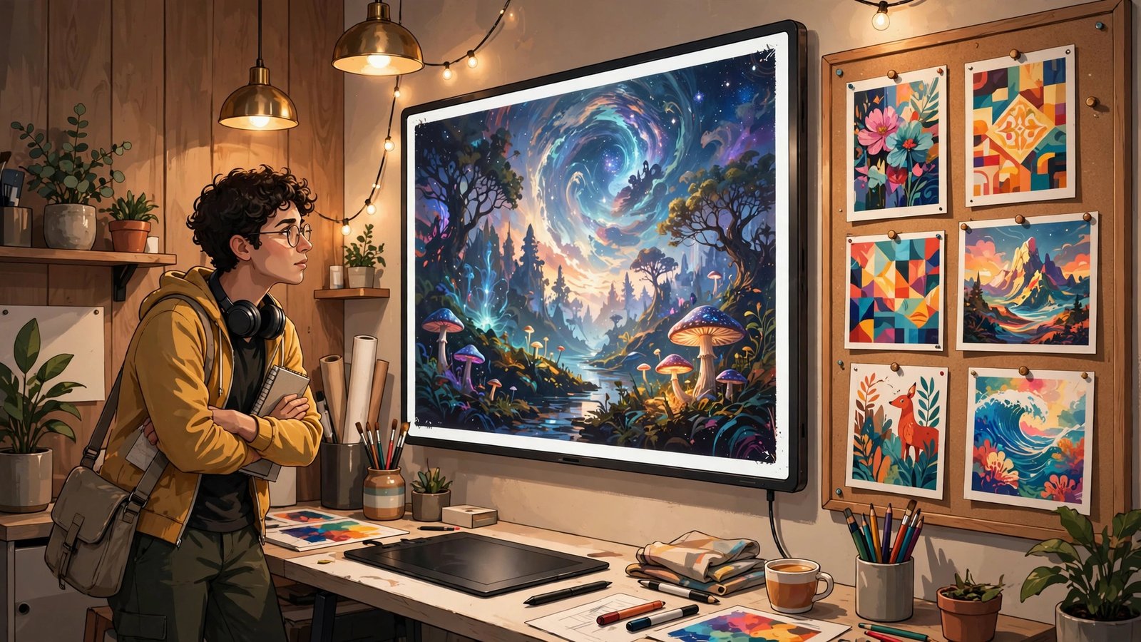 Graphic designer reviewing large AI-generated art prints displayed on a wall screen and pinned on a studio corkboard