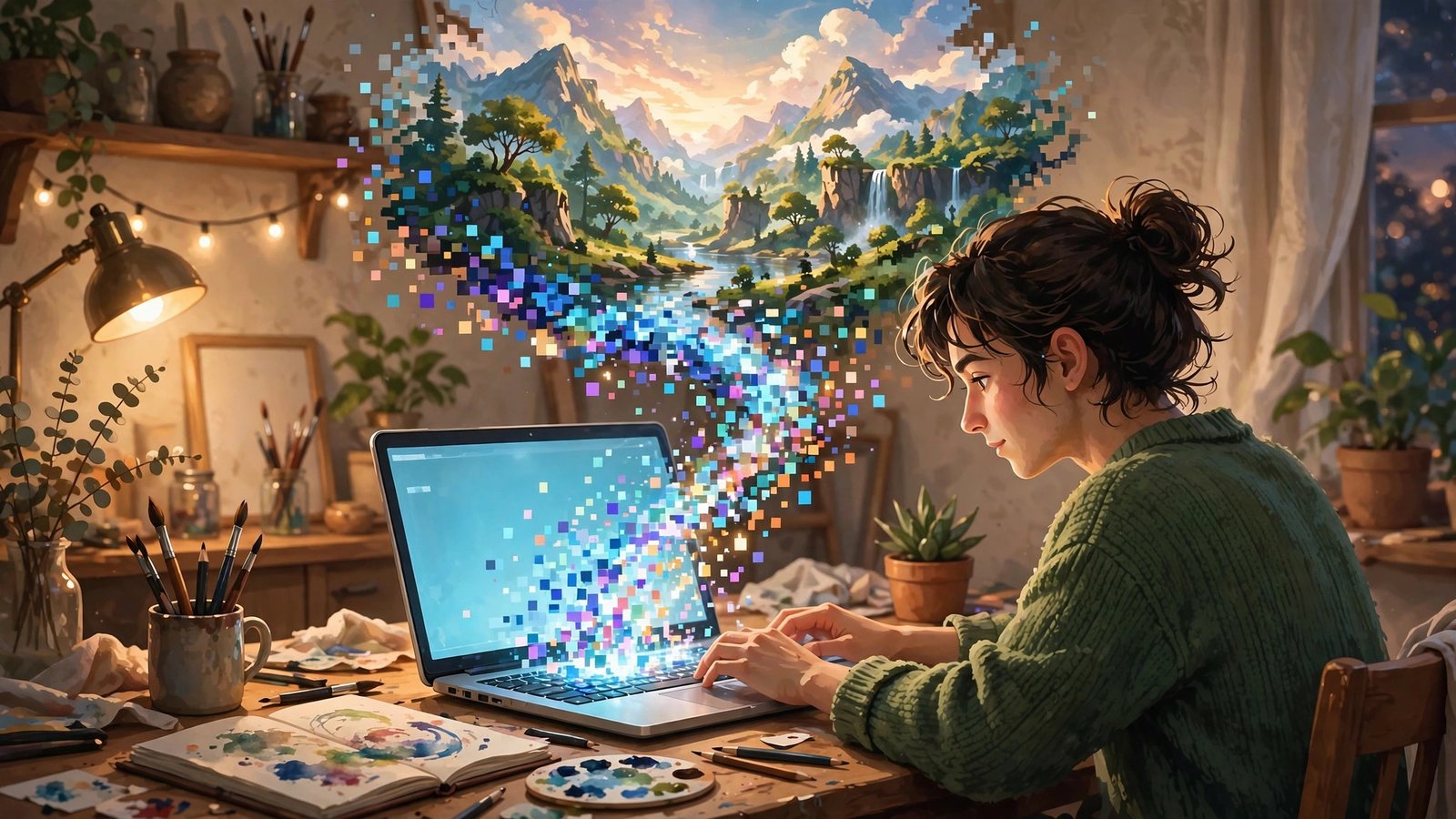 Artist typing a prompt on a laptop as colorful pixels rise and transform into a vivid painted fantasy landscape