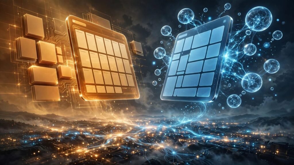 Dramatic AI illustration of two note-taking apps facing off over a glowing digital knowledge workspace