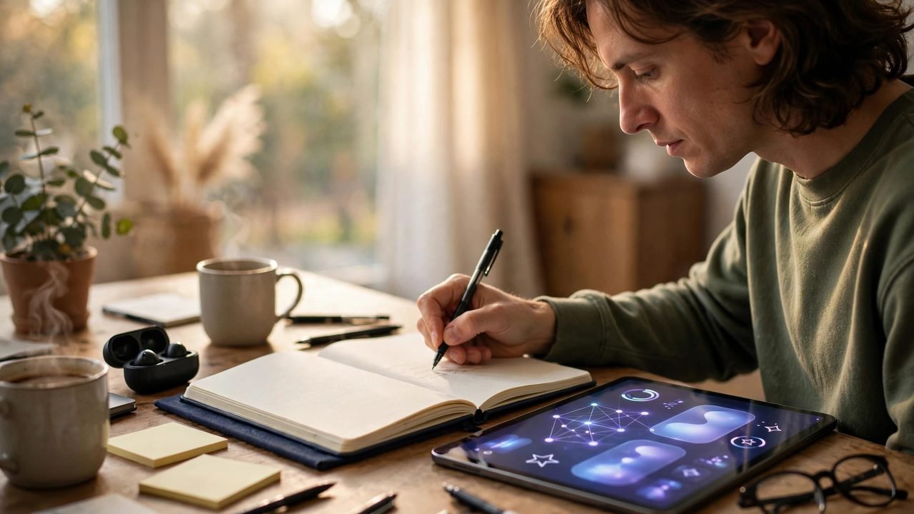 Notion AI vs Mem comparison — person capturing quick notes in a smart notebook with AI assistance on a desk