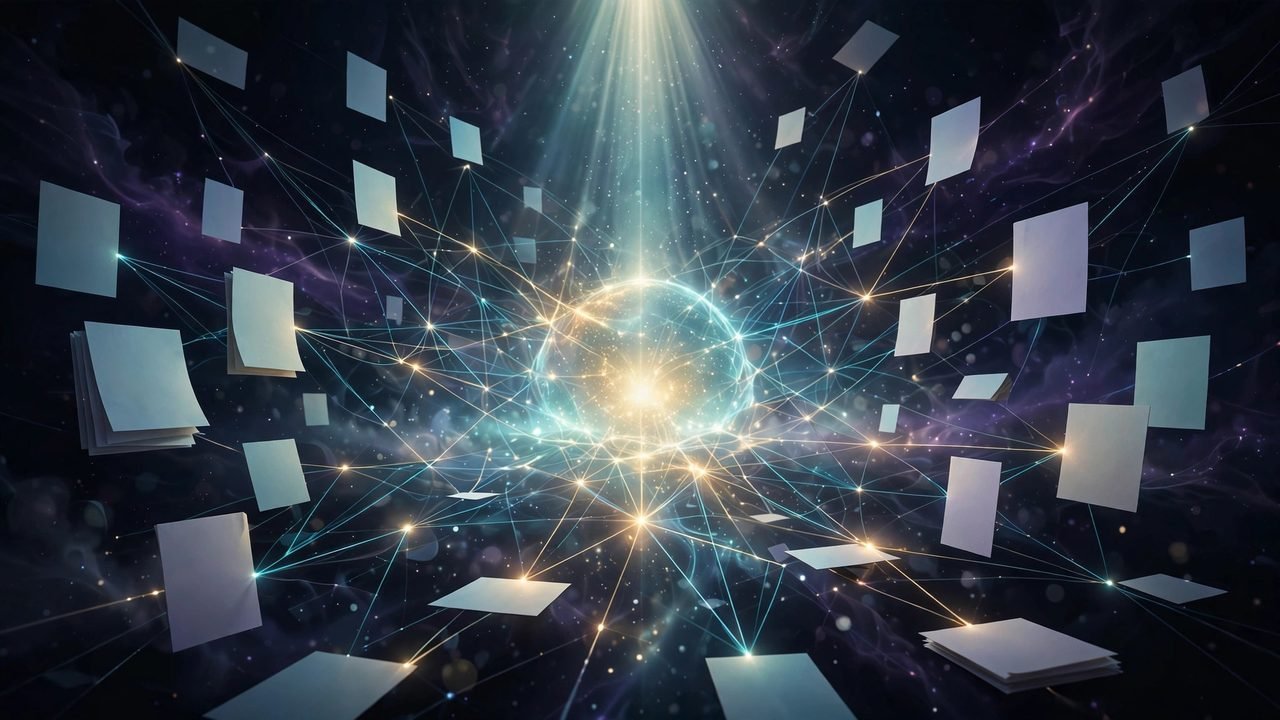 AI-powered search visualizing connected notes across a digital memory web