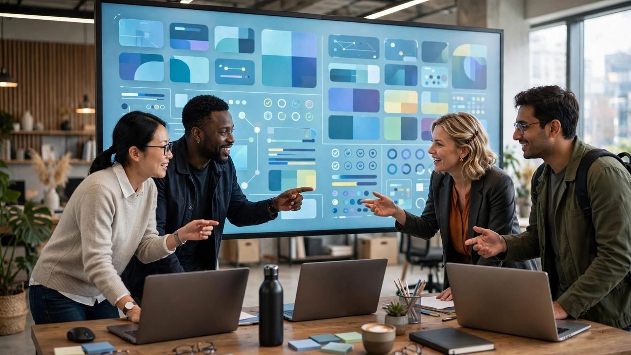 Team collaborating around a digital workspace board filled with AI-organized notes
