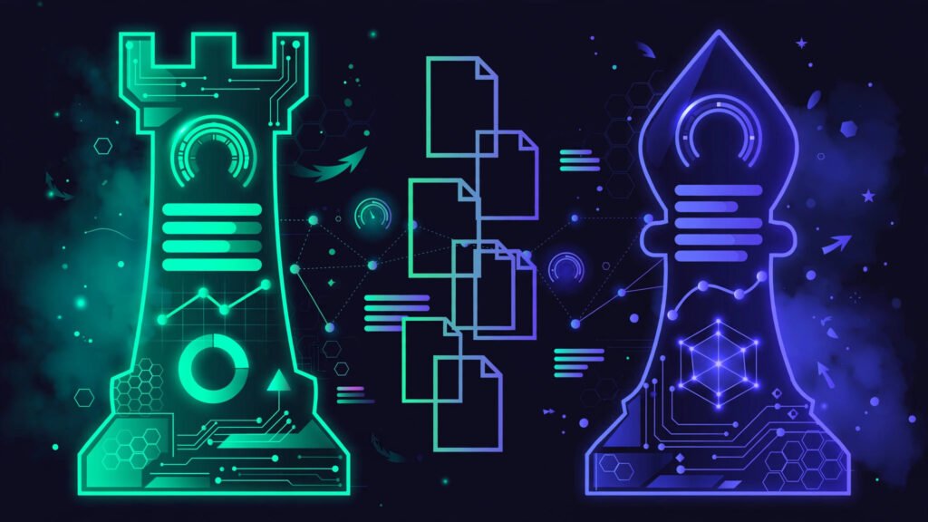 Neon chess-piece style showdown between two glowing SEO analytics dashboards in teal and violet with floating score gauges