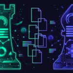 Neon chess-piece style showdown between two glowing SEO analytics dashboards in teal and violet with floating score gauges