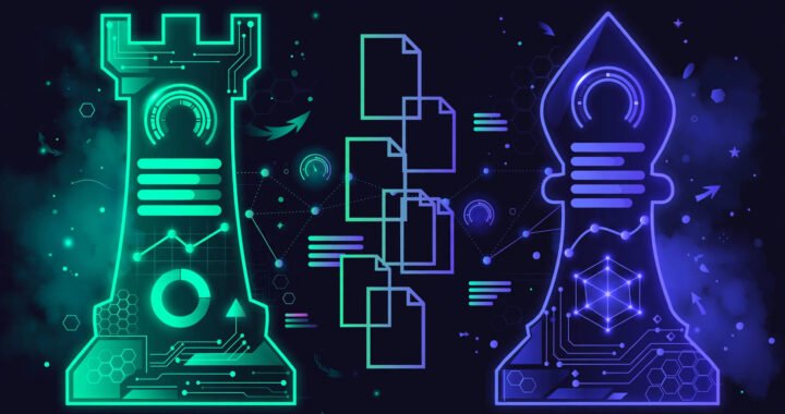Neon chess-piece style showdown between two glowing SEO analytics dashboards in teal and violet with floating score gauges