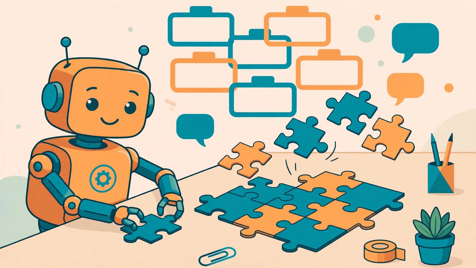 Friendly AI robot assembling a content brief document from floating heading blocks and question bubbles like puzzle pieces