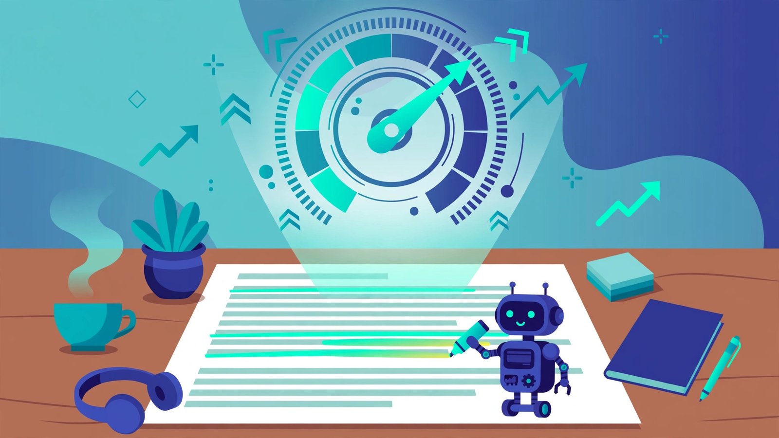 Writer optimizing a blog draft with a large SEO score gauge and a small AI robot assistant highlighting keywords on the page