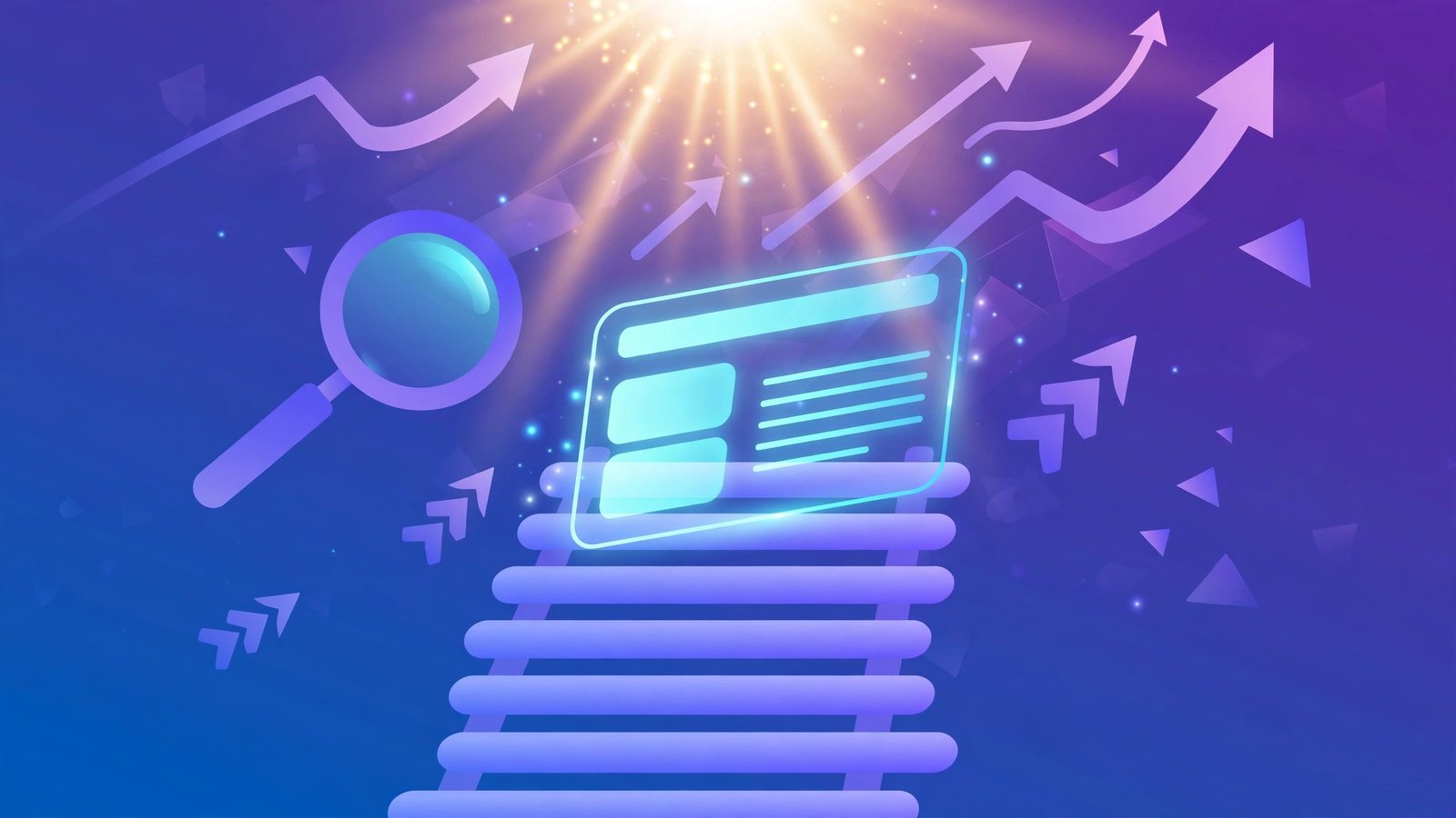 Abstract illustration of a glowing website card climbing a ladder of search results toward a bright spotlight with rising arrows