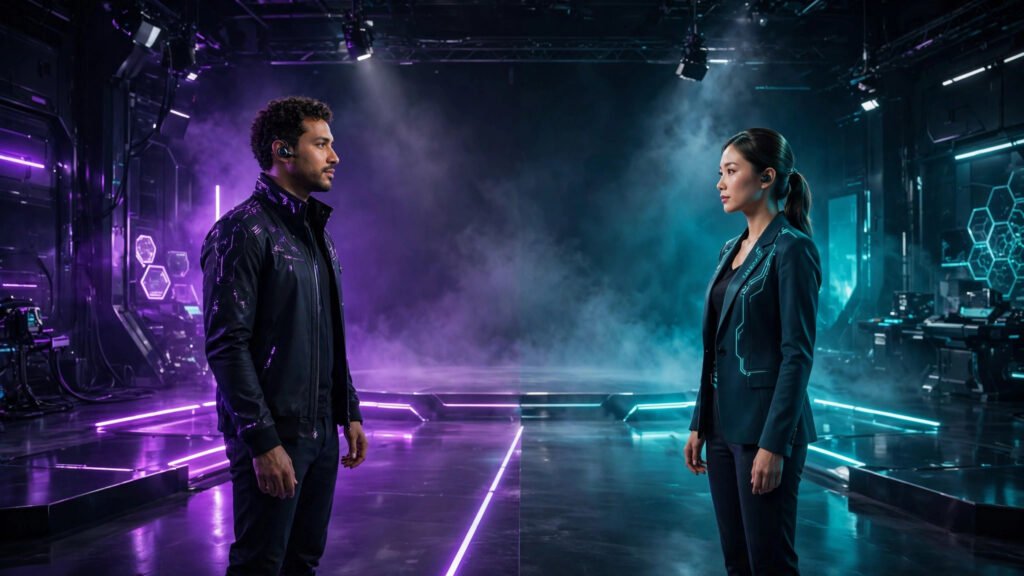 Illustration of two realistic AI avatar presenters facing each other on a glowing studio stage with split purple and teal lighting
