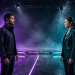 Illustration of two realistic AI avatar presenters facing each other on a glowing studio stage with split purple and teal lighting