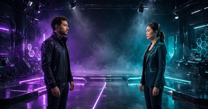 Illustration of two realistic AI avatar presenters facing each other on a glowing studio stage with split purple and teal lighting