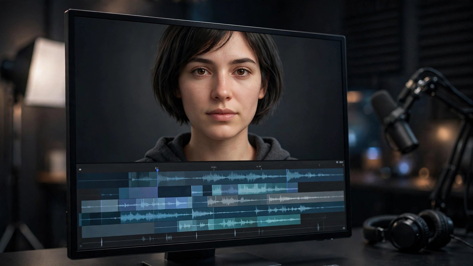 Close-up of a lifelike AI avatar face displayed on a video editing timeline in a studio setup