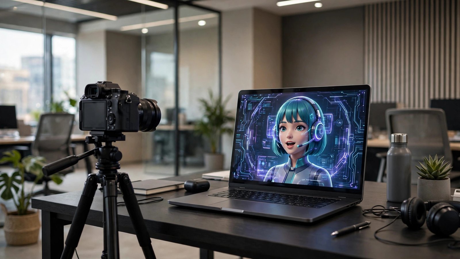 Person's training video replaced by an AI avatar on a laptop screen in a modern office