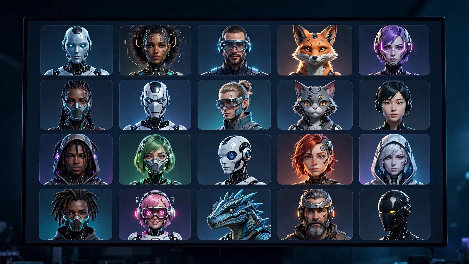 Grid of diverse AI avatar thumbnails on a screen in a comparison dashboard style
